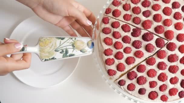 Frau legt ein Stück Kuchen auf einen Teller — Stockvideo