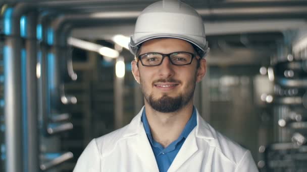 Lächelnder Ingenieur in der Fabrik — Stockvideo