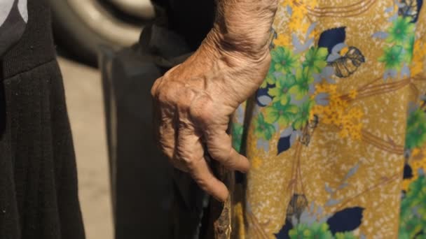 Hand van een oude vrouw met kruk — Stockvideo