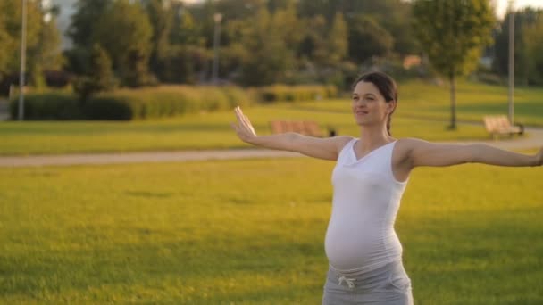 妊娠中の女性が公園での演習を行う — ストック動画