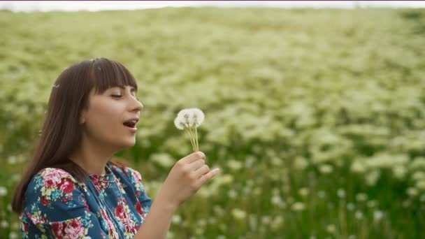 Smiling Woman Blowing on a Dandelion — Stock Video