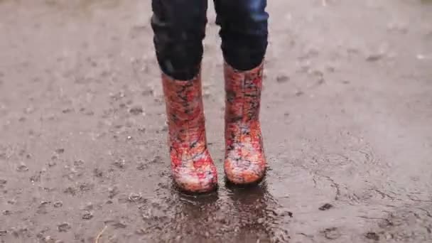 Kleines Mädchen springt im Regen in eine Pfütze — Stockvideo