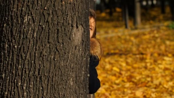 Glückliches kleines Mädchen versteckt sich hinter dem Baum — Stockvideo