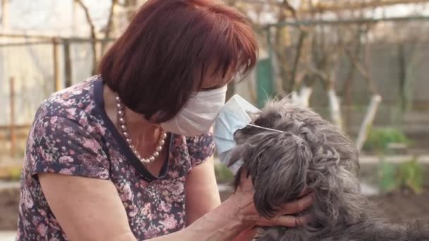 Coronavirus concept. Hond met minnares in maskers. — Stockvideo