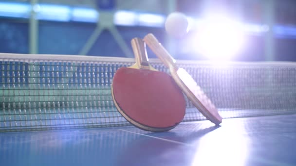 Table tennis paddles and jumping balls — Stock Video