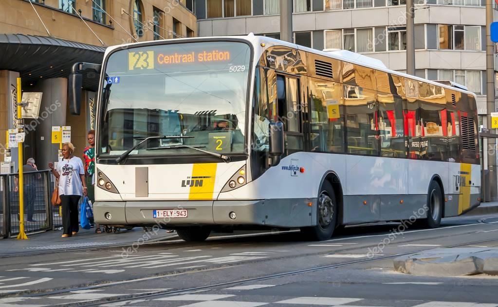 ANTWERP, BELGIUM. July 19, 2017. Electrical De Lijn Bus 23 arriving to the Antwerp central bus station. De Lijn (