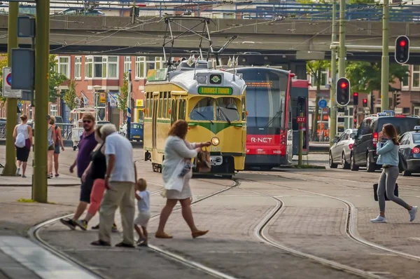 Twee trams in Centraal-Den Haag — Stockfoto