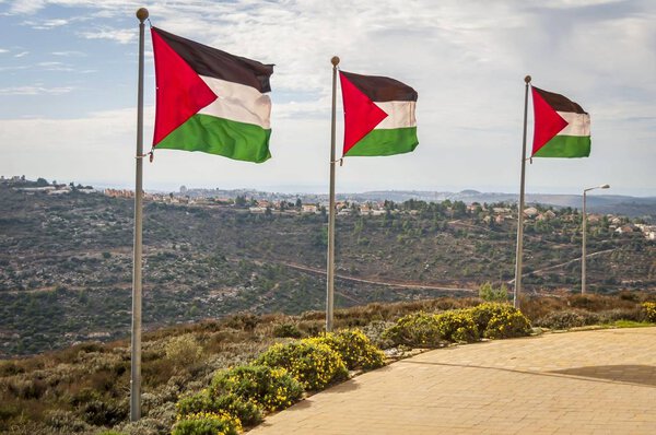 RAWABI, PALESTINE AUTHORITY, WEST BANK. November 25, 2017. A row of Palestine flags on the top of the hill in Rawabi, the flagship housing project in Palestine. 
