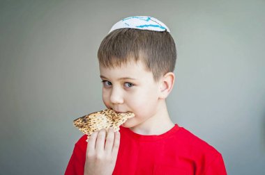 Beyaz kippah şapkalı beyaz beyaz beyaz çocuk shmura matzo yiyor. Pessakh için mayasız bir parça geleneksel Yahudi ekmeği. Yahudi bayramı..