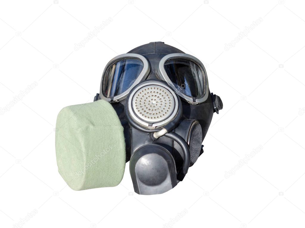 Two military rubber elastic gas masks isolated on white background