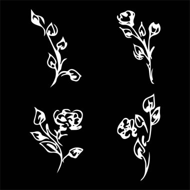 Çiçekler ve dallar siyah arka planda izole edilmiş. El çizimi karalama koleksiyonu. 4 çiçek grafik elementi. Büyük vektör kümesi. Özet simgeleri