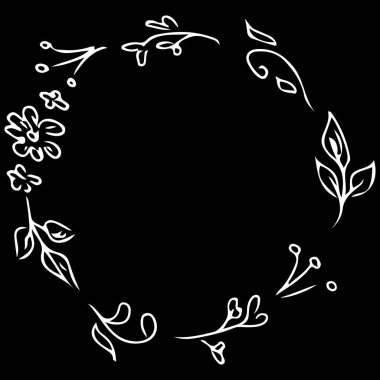 Siyah arka planda soyut çiçek ve dallardan oluşan bir çelenk. Davetiyeler ve tebrik kartları için resmi çerçeve tasarımı ögeleri. El çizimi vektör çizimi. Çizgi çalışması. Özet kümesi