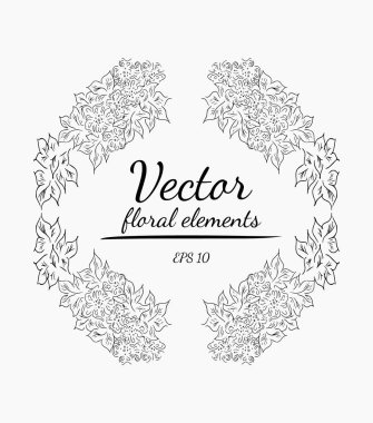 Gri bir arka planda gül çelengi dalları. El çizimi vektör çizimi. Vektör çiçek elementleri.