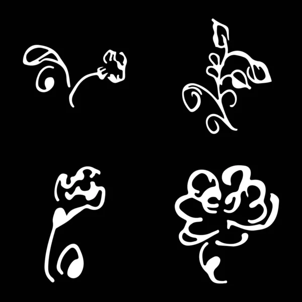 Blumen und Zweige handgezeichnete Kritzelei Sammlung isoliert auf schwarzem Hintergrund. 4 florale grafische Elemente. großen Vektorsatz. Umrissensammlung — Stockvektor