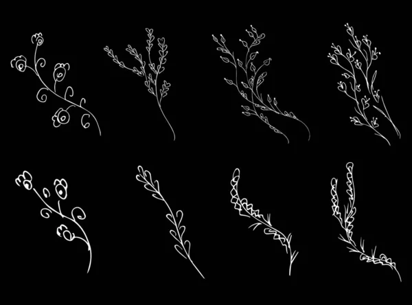 Bloemen en takken hand getrokken collectie geïsoleerd op zwarte achtergrond. Bloemen grafische elementen grote vector set. Doodle stijl — Stockvector