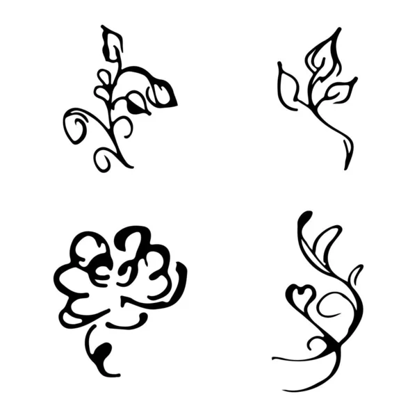 Flores y ramas dibujadas a mano colección de garabatos aislados sobre fondo blanco. 4 elementos gráficos florales. Gran conjunto de vectores. Esquema de recogida — Vector de stock