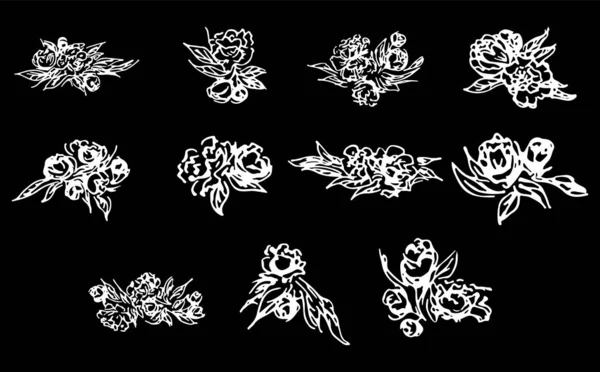 Peonías y rosas abstractas aisladas sobre fondo negro. Colección floral dibujada a mano. 11 elementos gráficos florales. Gran conjunto de vectores. Iconos de esquema — Vector de stock