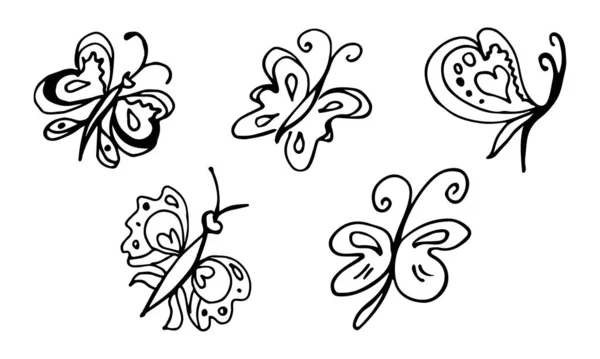 Conjunto de mariposas dibujadas a mano aisladas sobre fondo negro. Elementos garabateados vectoriales para decoración — Vector de stock