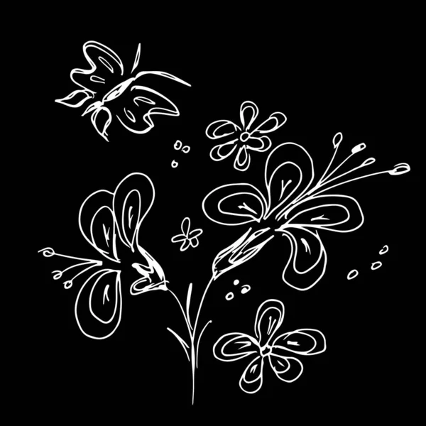 Icône abstraite de contour de fleurs sauvages et de papillons isolés sur fond noir. Illustration vectorielle dessinée main — Image vectorielle