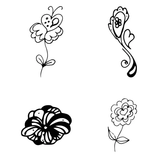 Bloemen en harten met de hand getekend doodle collectie geïsoleerd op witte achtergrond. 4 grafische elementen voor bloemen. Grote vector ingesteld. Inzameling van gegevens — Stockvector