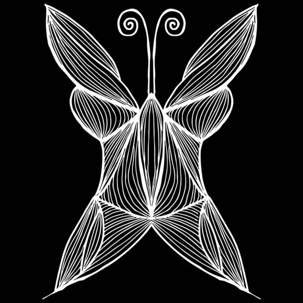Abstracte vector illustratie van met de hand getekende vlinder geïsoleerd op zwarte achtergrond. Inkttekening, grafische stijl. Schets vlinder — Stockvector