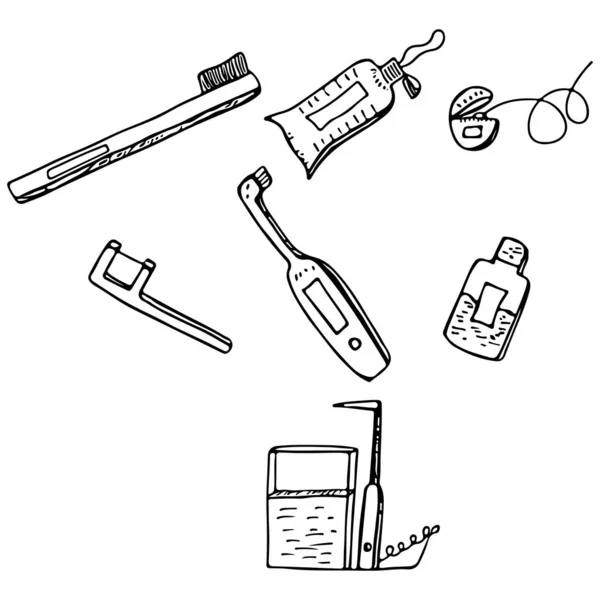 Objetos de serviços odontológicos isolados em fundo preto. Doodle estilo de limpeza dental e ferramentas de cuidados. Instrumentos e ferramentas de estomatologia e ortodontia. Médico, estomatologia objetos vetoriais desenhados à mão —  Vetores de Stock