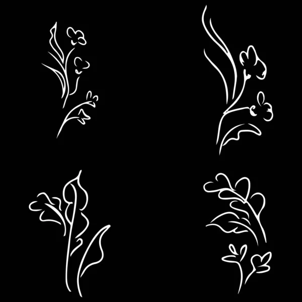 Fleurs et branches isolées sur fond noir. Collection de gribouillis dessinés à la main. 4 éléments graphiques floraux. Grand jeu de vecteurs. Icônes de contour — Image vectorielle