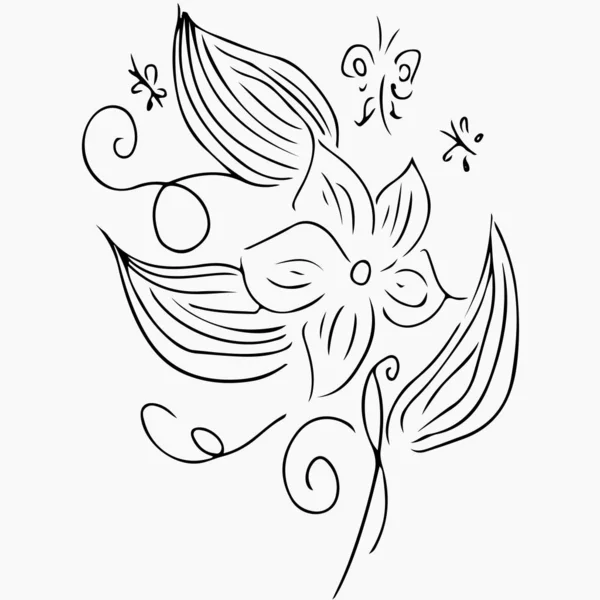 Illustrations vectorielles dessinées à la main d'un ensemble abstrait de fleurs et de papillons isolés sur du gris. Éléments de conception florale pour invitations, cartes de souhaits, affiches, blogs. Croquis dessiné à la main d'une fleur . — Image vectorielle