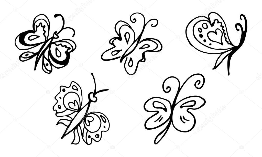Set of hand drawn butterflies isolated on black background. Vector doodled elements for decoration