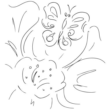 Beyaz arka planda izole edilmiş kelebekli el yapımı yabani çiçek. Düğün davetiyeniz ve tebrik kartınız için çiçek tasarımı malzemeleri. El çizimi vektör çizimi. Çizgi çalışması. Çizim