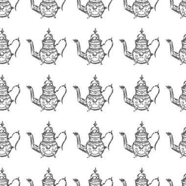Kusursuz el yapımı çaydanlıklar, her amaç için harika bir tasarım. Kusursuz desen. Çaydanlık el beyaz arka plana Çin usulü bir desen çizdi. Retro tipografi. Çaydanlık ikonu. İzole vektör