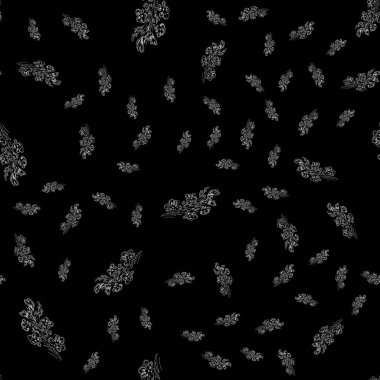 Parmak izi tasarımı için siyah arka planda kır çiçekleriyle kusursuz desen. Yazdır, tasarım elemanı. Kusursuz çiçek deseni. Moda vektör illüstrasyonu. Yaz arkaplanı