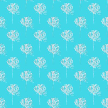 Mavi arka planda soyut gül çiçeklerinin kusursuz el çizimleri. Vektör çiçek çizimi. Sevimli karalama modern izole pop sanat unsurları. Özet