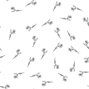 Parmak izi tasarımı için beyaz arka planda kır çiçekleriyle kusursuz desen. Yazdır, tasarım elemanı. Kusursuz çiçek deseni. Moda vektör illüstrasyonu. Yaz arkaplanı