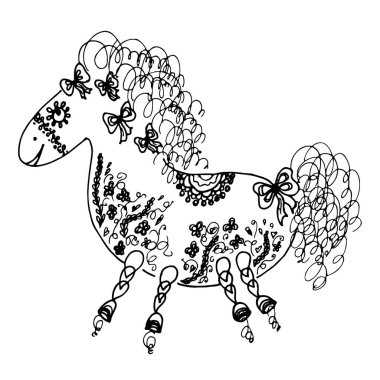 Ana hatlı at vektör çizimi. Beyaz arka planda çiçek unsurları olan çizgili bir at. Çiçek süsü. Vektör tasarımı. Portre hayvanı. Tek boynuzlu at kafası silueti. Çiçek çiziyorum.