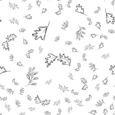 Sonbahar yapraklarının kusursuz deseni beyaz arka planda izole edilmiş. Yapraklı soyut baskı. Kumaş, ambalaj ve tekstil için zarif, kusursuz bir süs. Özet