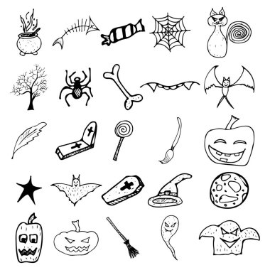 Cadılar Bayramı karalaması beyaz arka planda izole edilmiş. Kara cadılar bayramı karalama elementleriyle dolu bir çizgi film seti. Taslak sembol koleksiyonu. El çizimi eskiz sihirbazı koleksiyonu