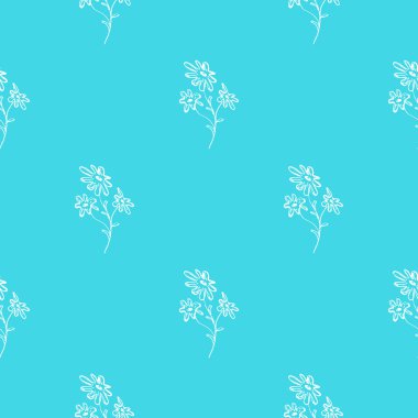 Mavi arka planda soyut papatya çiçeklerinin kusursuz el çizimi deseni. Vektör çiçek çizimi. Sevimli karalama modern izole pop sanat unsurları. Özet