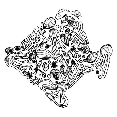 Deniz karalama siluetini balık formuna getir. Siyah, eski usul balık silueti. Deniz kabuğu arka planı. Karalama vektörü. Deniz yaşamı koleksiyonu. Yüzme vektörü simgesi