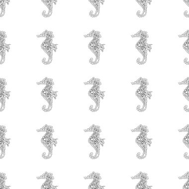 Beyaz arka planda izole edilmiş kusursuz deniz atları deseni. Elle çizilmiş kusursuz illüstrasyon. Özet