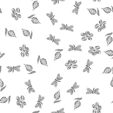 Yusufçuk, duvar kâğıdı tasarımı için çiçek desenli, el yapımı, pürüzsüz bir desen çizmiş. Beyaz arka planda siyah yusufçuk dikişsiz el çiçekleri olan soyut bir kart. Eski çiçek desenleri