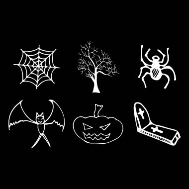 Cadılar Bayramı karalaması siyah arka planda izole edilmiş. Kara cadılar bayramı karalama elementleriyle dolu bir çizgi film seti. Taslak sembol koleksiyonu. El çizimi eskiz sihirbazı koleksiyonu