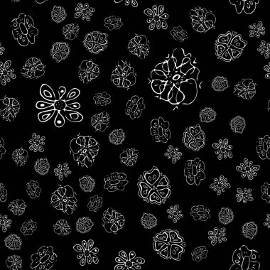 Çizgi karalaması, siyah arkaplanda sanat tarzında dikişsiz çiçekler. Çiçeksiz desenli taslak. Basit, şirin bir tasarım. El çizimi tarzı. Vektör illüstrasyon sanatı