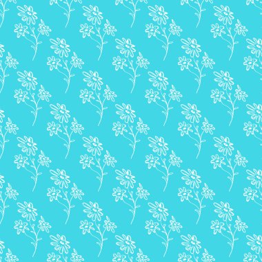 Mavi arka planda soyut papatya çiçeklerinin kusursuz el çizimi deseni. Vektör çiçek çizimi. Sevimli karalama modern izole pop sanat unsurları. Özet