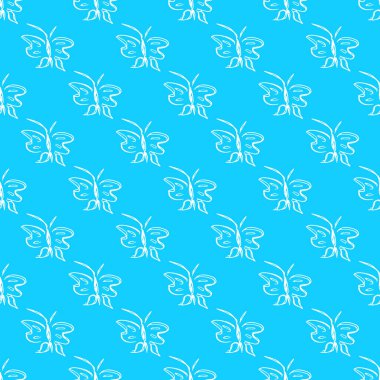 Kelebek, mavi arka planda çizgi çizgisi çizgisi olmayan bir taslak vektör. Çizgi çizgisi kelebeği. Çizgi film hayvanları. Basit tasarım kusursuz desen. Egzotik duvar kağıdı. Soyut desen