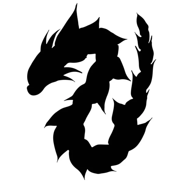 Silhouette de dragon vecteur dessinée à la main isolée sur fond blanc. Fantastique icône de dragon. Mythologie à main levée aminale. Illustration de contour fantastique — Image vectorielle