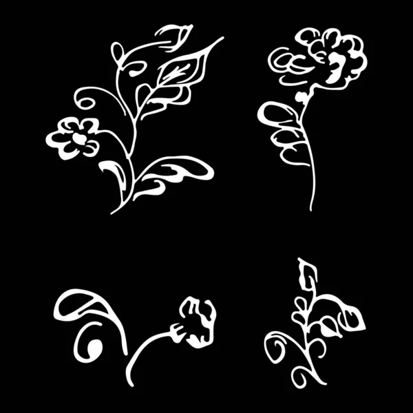 Fleurs et branches dessinées à la main collection de gribouillis isolés sur fond noir. 4 éléments graphiques floraux. Grand jeu de vecteurs. Collecte de contours — Image vectorielle