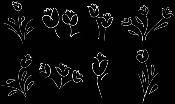 Flowers and branches hand drawn collection isolated on black background. Floral graphic elements. Big vector set. Doodle style — Stock Vector