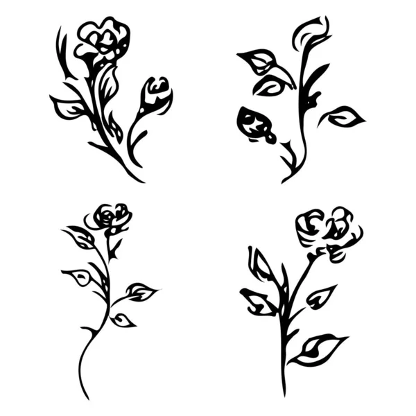 Квіти і гілки ізольовані на білому тлі. Колекція каракулів, намальована вручну. 4 квіткові графічні елементи. Великий векторний набір. Начерки піктограм. Лінійне мистецтво — стоковий вектор