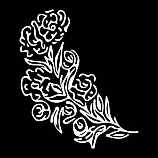 추상적으로 손으로 그린 장미 꽃들은 검은 배경에 따로 떨어져 있습니다. 고추 벡터 윤곽 아이콘. 직선 미술 — 스톡 벡터
